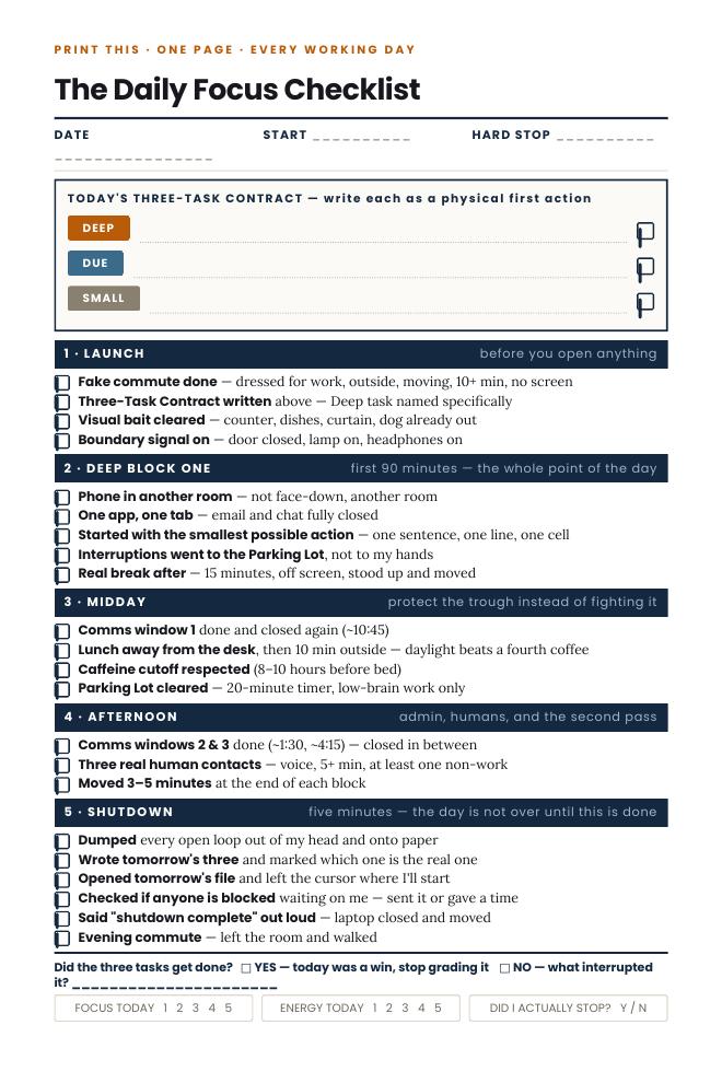 Preview of the free Focused at Home Daily Focus Checklist worksheet, a printable one-page daily checklist.