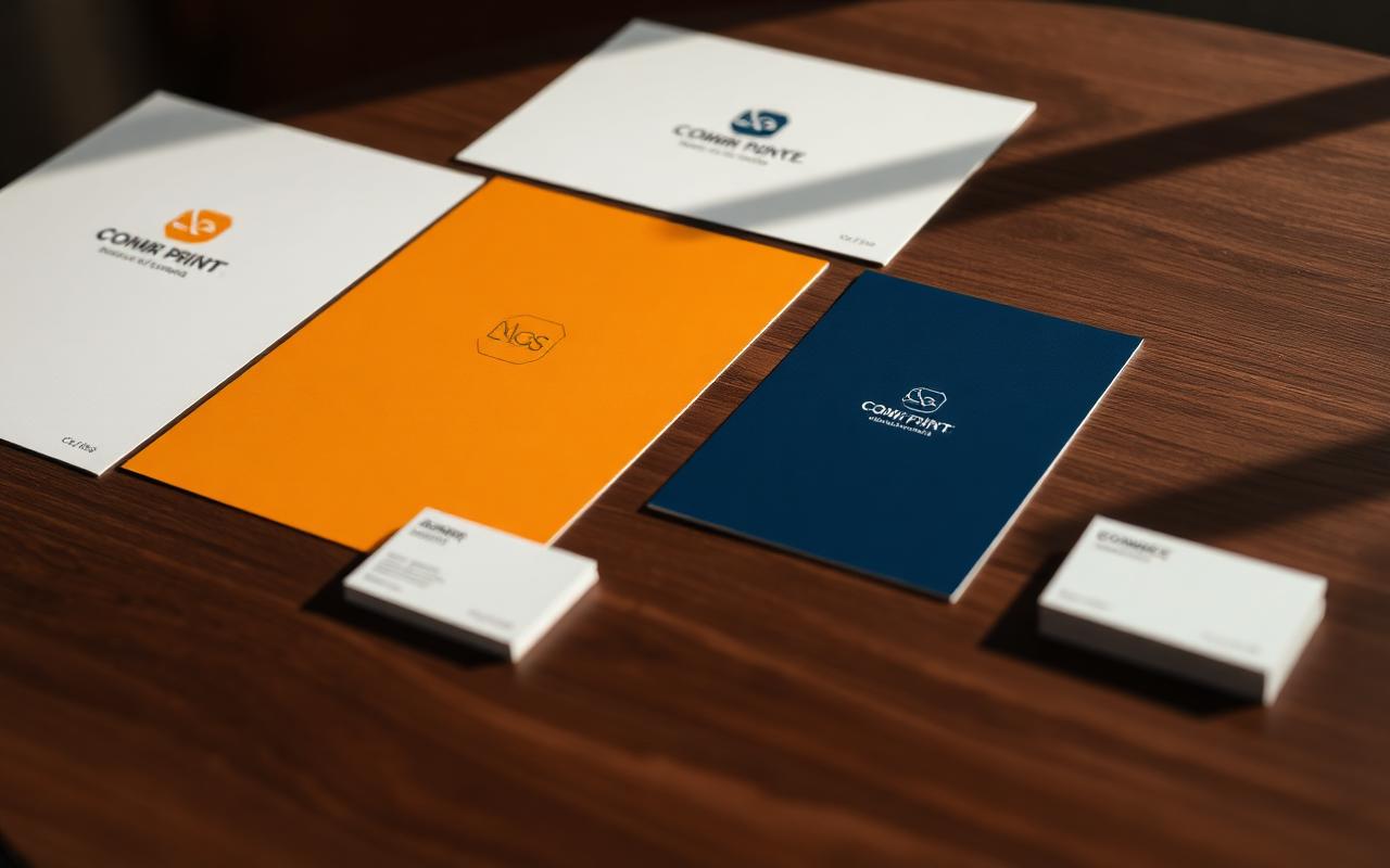 Brand identity print materials and color swatches on a walnut table