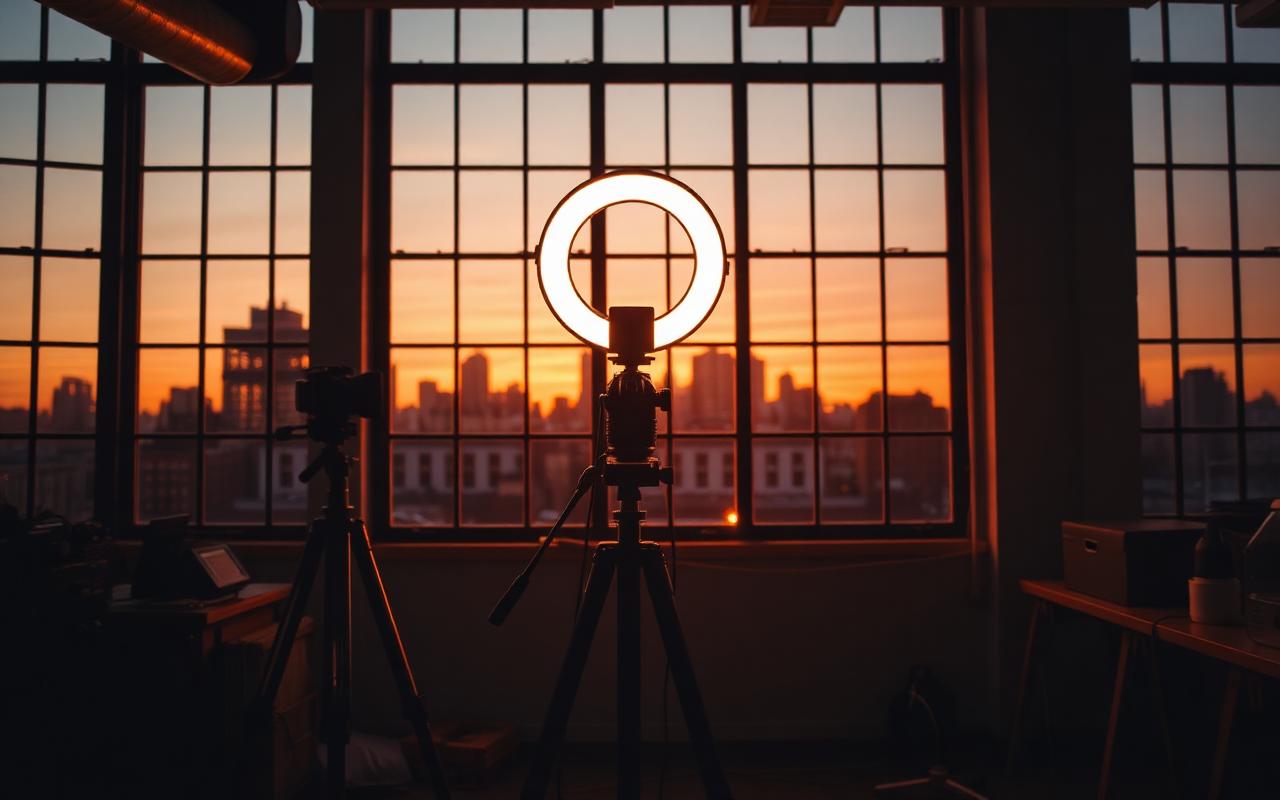 Creator studio at dusk with ring light and camera framed by a city skyline