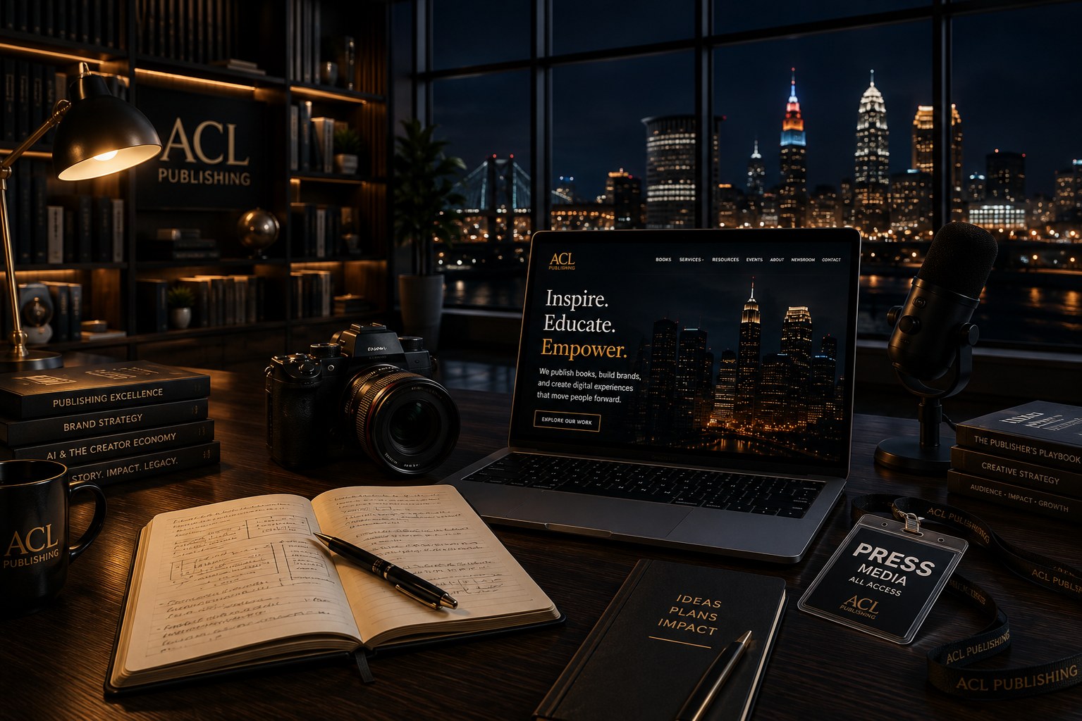 Night newsroom desk with laptop reading Inspire. Educate. Empower., camera and press pass overlooking a city skyline