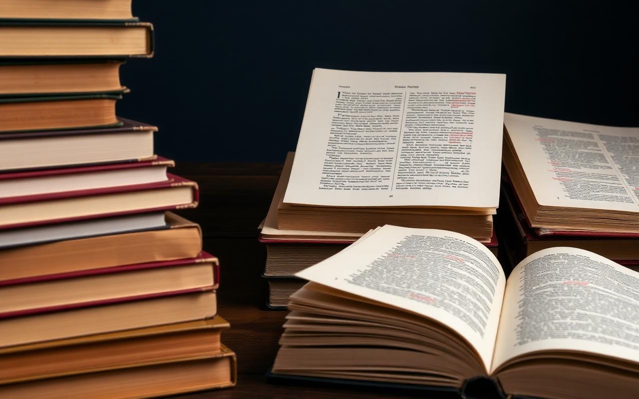 Stacks of books beside marked-up manuscript pages